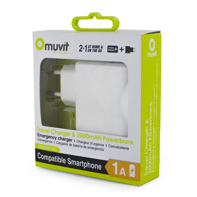 AC Adaptor USB 1A + External Battery 2000mAh Muvit White