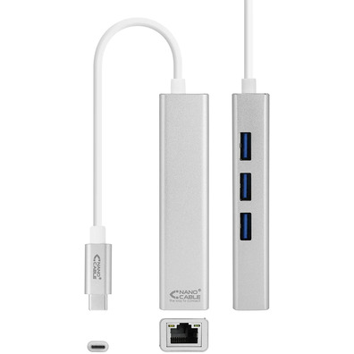 Kabel USB C 3.0 a RJ45 + 3xUSB 3.0 Nanocable Plata
