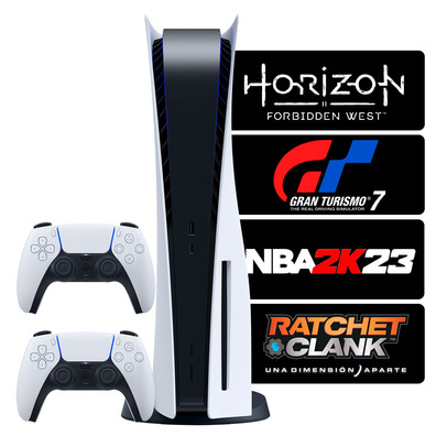 Consola PS5 + 2 Mandos + GT7 + NBA 2K23 + Klinke + Horizon