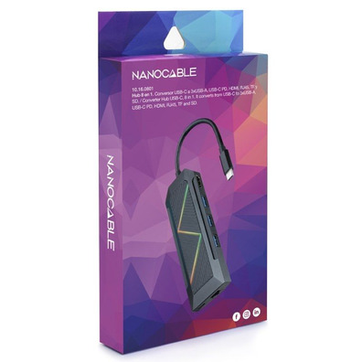 Nanocable Hub USB 3.0 10.16.0801 USB/USB-C/HDMI/RJ45/Lector Tarjetas Negro