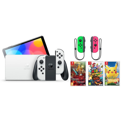 Nintendo Switch OLED (Blanca) + 3 Juegos + Joy Con Set (Verde/Rosa)